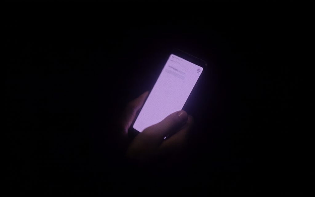 En hånd holder en telefon i mørke, oplyst af skærmens lys